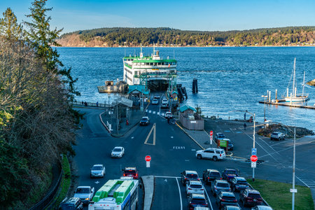 A view of a ferry docked at Point Defiance Park in Tacoma, Washington.の写真素材