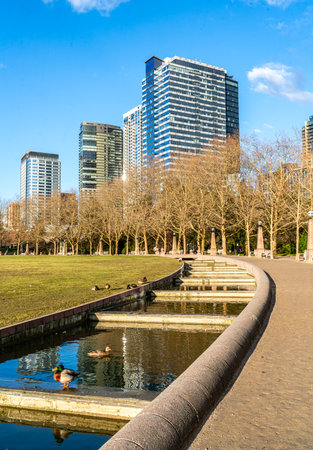 A view of a moat surrounding Bellevue City Park in Bellevue, Washington.の写真素材