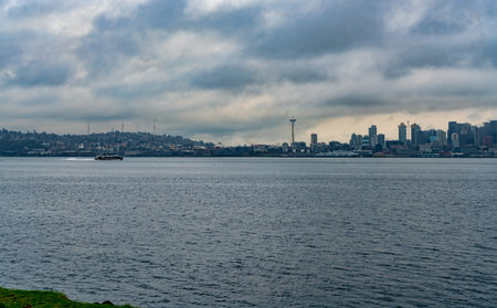 A view of the skyline in Seattle, Washington on a rainy day.の写真素材