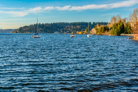 A view of sail boats on a lake.の写真素材