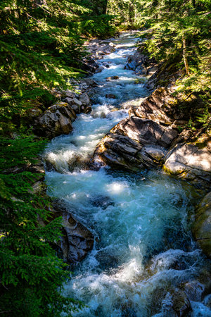 A view of Denny Creek with rushing water in Washington State.