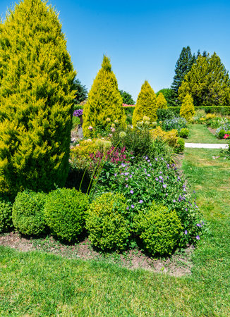 A variety of plants and flowers in the Sunken Garden at the Washington State  Capitol.の写真素材