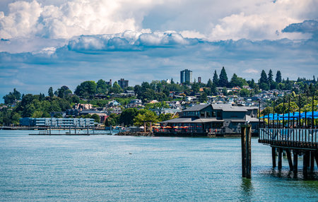 A view of buildings on the shoreline in ruston, Washington.