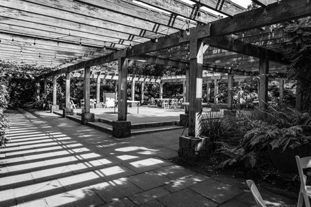 A view of a patio at a building at the Seattle Park Arboretum in Seattle, Washington.の写真素材