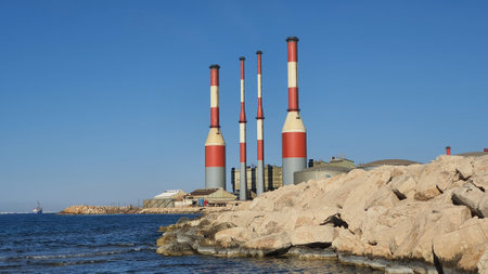 Industrial chimneys on the coast of Dekhelia Cyprus.