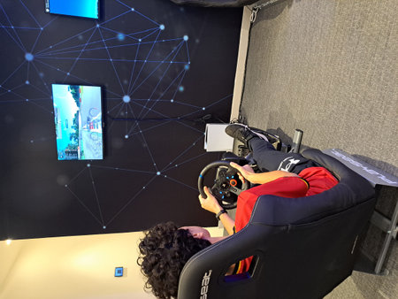 Woman playing video games in a room with a lot of connection lines