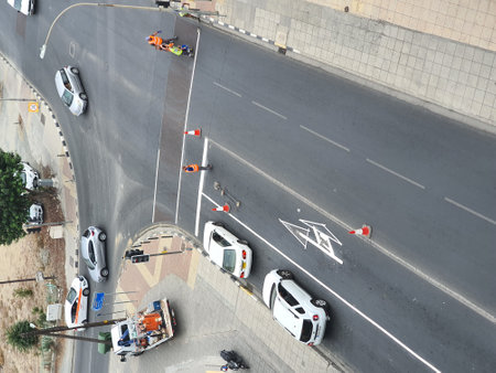 High angle view of traffic jam on the road in the city.の写真素材