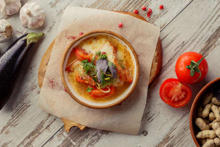 Caucasian Eastern European cuisine. Grilled cheese Georgian restaurant. The photograph lay flat on the table.の写真素材