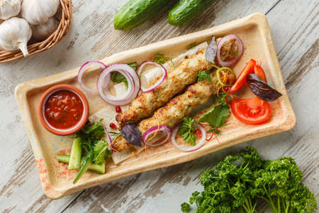 Photographing food flat lay Caucasian cuisine. Delicious Georgian dish on the table.の写真素材