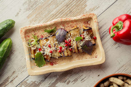 Caucasian Eastern European cuisine. Appetizer of eggplant Georgian restaurant. The photograph lay flat on the table.の写真素材