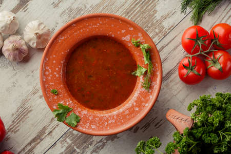 Caucasian Eastern European cuisine. Soop Georgian restaurant. The photograph lay flat on the table.の写真素材
