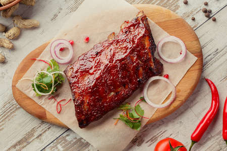 Georgian dish on the table photo for the menu of Eastern Caucasian cuisine. Grilled pork ribsの写真素材