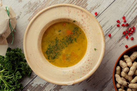 Photographing food flat lay Caucasian cuisine. Delicious Georgian dish on the tableの写真素材