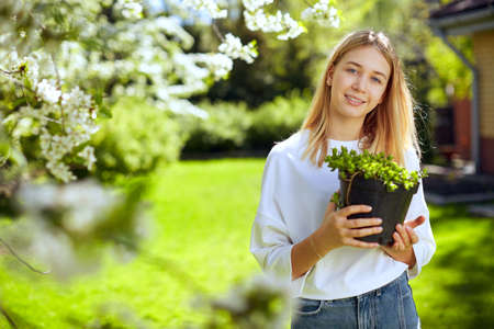 A happy and sweet girl is preparing to plant a flower in her home garden on the terrace next to a blooming Apple tree.の写真素材