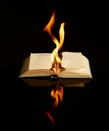 Burning book isolated on black background and reflective surface. Concept photography about literature, art, anti-utopiaの写真素材