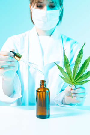 Female scientist holding hemp leaf, testing cbd oil by pipette in laboratory, cannabis products for medical useの写真素材