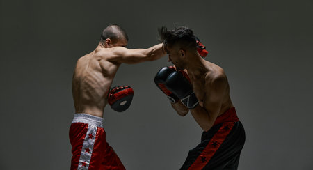 Fighting guys during mixed fight workout. Athletic males in boxing gloves training martial arts...