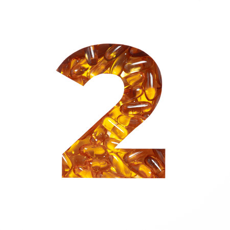 Omega supplement. Number two made of fish oil pills and paper cut in shape of second numeral...