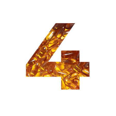 Omega supplement. Number four made of fish oil pills and paper cut in shape of fourth numeral...