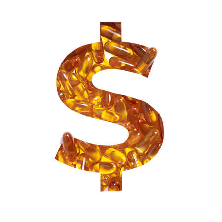 Omega supplement. Dollar money sign made of fish oil pills and cut paper isolated on white. Golden...