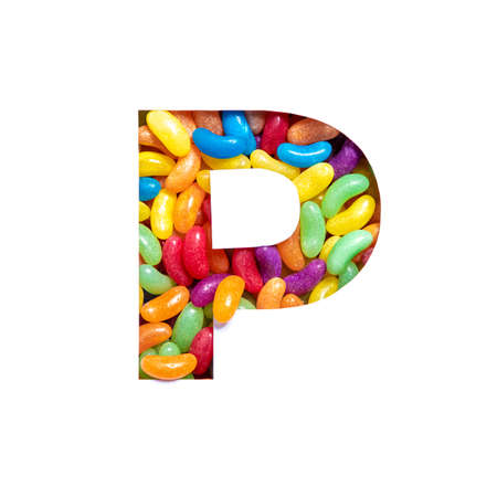 Letter P of English alphabet made of jelly beans glucose candies and paper cut isolated on white. Festive typefaceの写真素材