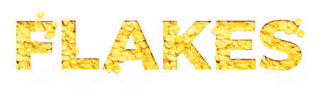 Corn flakes lettering. English typeface. Word made of cereals on white background. Healthy eating conceptの写真素材
