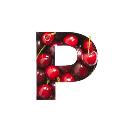 Cherries alphabet. Letter P made of red berries and paper cut isolated on white. Typeface for bio...