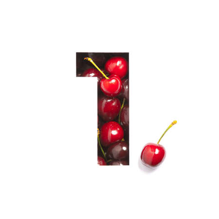 Number one of cherries and paper cut in shape of first numeral isolated on white. Natural typeface of fresh berriesの写真素材