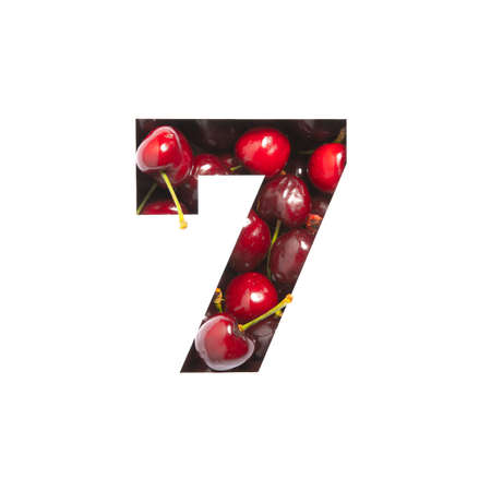 Number seven made of cherries and paper cut in shape of seventh numeral isolated on white. Typeface of berriesの写真素材