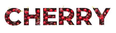 Lettering of English word cherry made of red natural cherries and cut paper isolated on white....