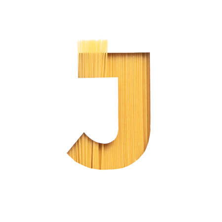 Italian Food. Letter J of English alphabet made of spaghetti isolated on white. Pasta Typeface for products store designの写真素材