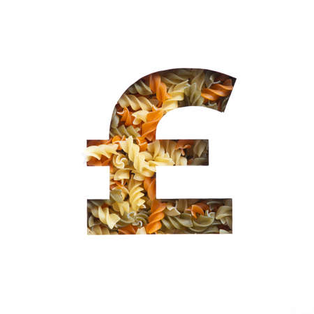 Pound money sign made of italian pasta fusilli, white cut paper. Typeface for grocery products store. Food and financeの写真素材