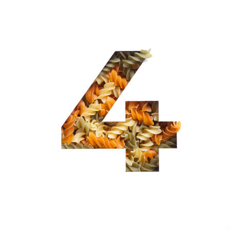 Number four made of italian food fusilli pasta, white cut paper in shape of fourth numeral. Typeface for grocery storeの写真素材