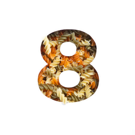 Number eight of italian food pasta fusilli, white cut paper in shape of eighth numeral. Typeface for...