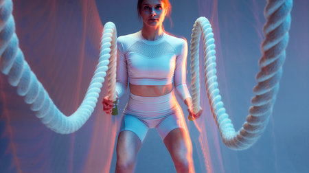 Athletic woman exercises with sports ropes during high-intensity fitness workout. Long exposure,...