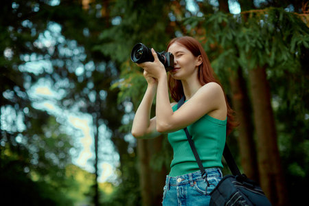 Young woman with ginger hair enjoys nature and takes photos. Pretty girl wearing green top holds the...