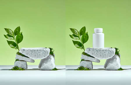 Stone on a green background with a sprig of a plant. Green, stone, moss. Beauty product pedestal.