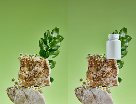 Stone pedestal with chamomile and leaves on green background. Stone, chamomile, podium. Promotion for beauty product.の写真素材