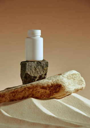 Mock up plastic jar on stone podium in desert sand. Template package of vitamins, dietary supplements. Copy spaceの写真素材