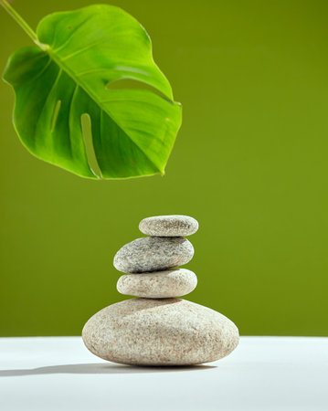 Podium of natural stones on green backdrop, monstera leaf for ecofriendly cosmetics. Pedestal for beauty productの写真素材