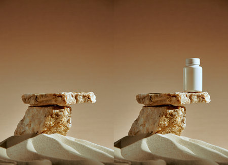 Empty natural stone podium platform stage on desert sand for cosmetics beauty products presentation. Copy spaceの写真素材