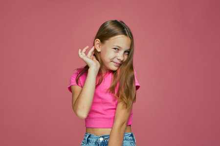 Smiling embarrassed shy caucasian child girl fixing her hair posing on pink studio background. Childrens fashionの写真素材