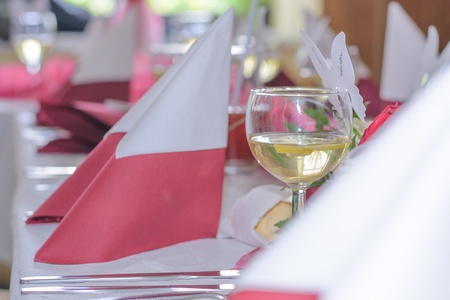 Beautiful red style wedding table with wine and napkins and decoration 