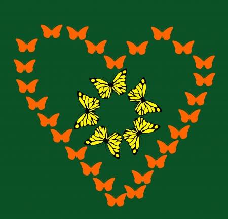Orange Butterfly heart with nice yellow butterfly on green background のイラスト素材