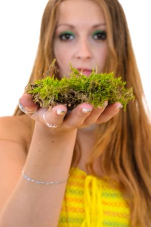 NIce Woman holding a   moss on white bacground  Concept の写真素材