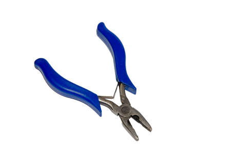 A pair of silver metal pliers with blue rubber grips isolated on white studio background の写真素材