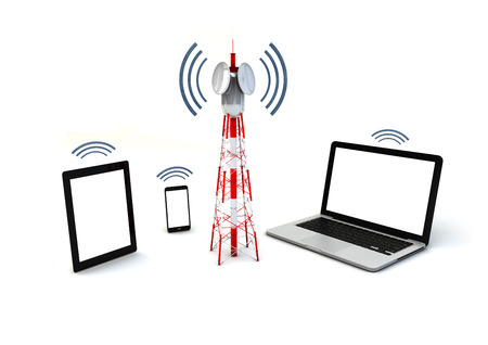communicaciones and mobility concept: isolated render of antenna and mobile devices