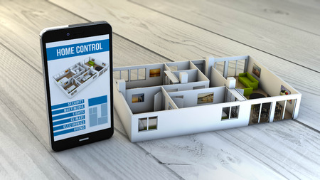 home control app on a digital generated smartphone with a flat mock-up. All screen graphics are made up.の写真素材