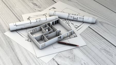 render of an architect table with plot and flat mock-up over
