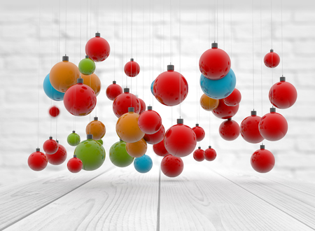 chrismas balls collection over wooden tableの写真素材